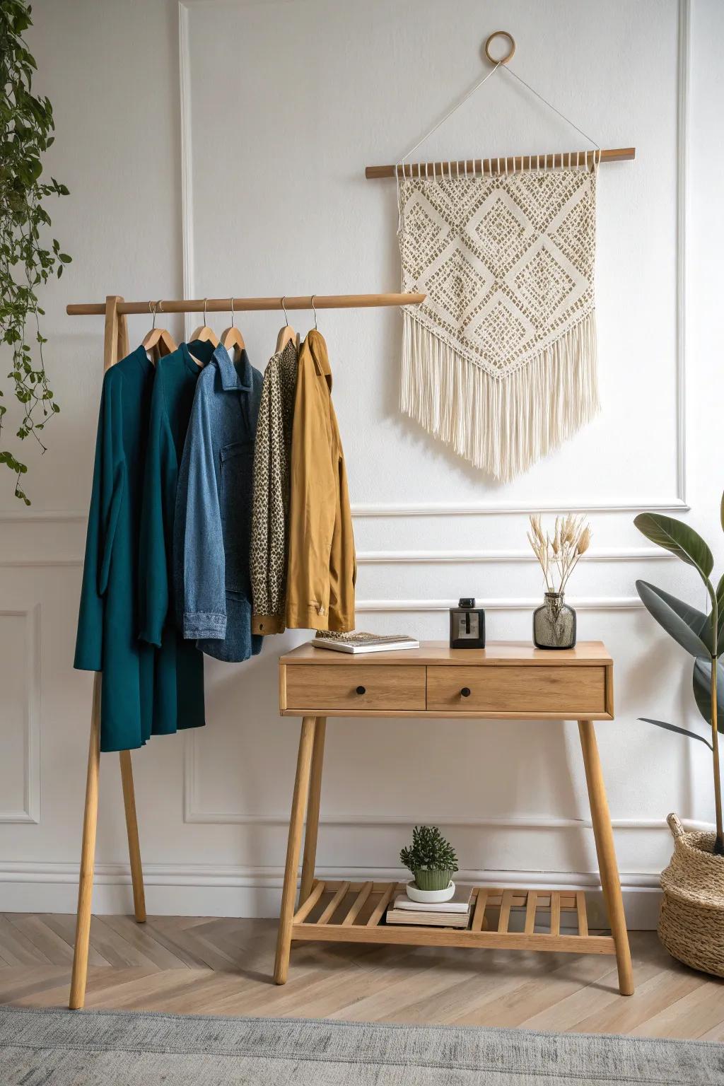 Elevate your space with a multifunctional clothing rack that blends minimalist design with boho charm.