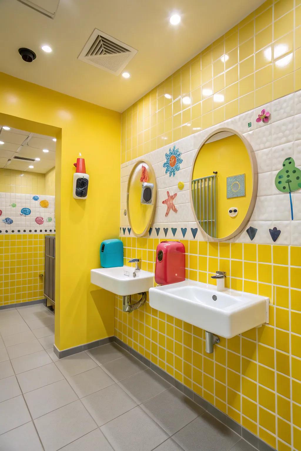 Bright yellow tiles add a playful touch to your bathroom.