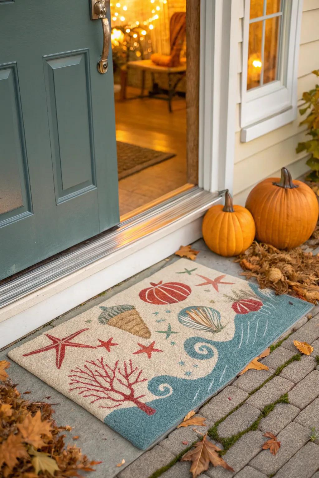 A welcoming doormat with coastal and fall themes.