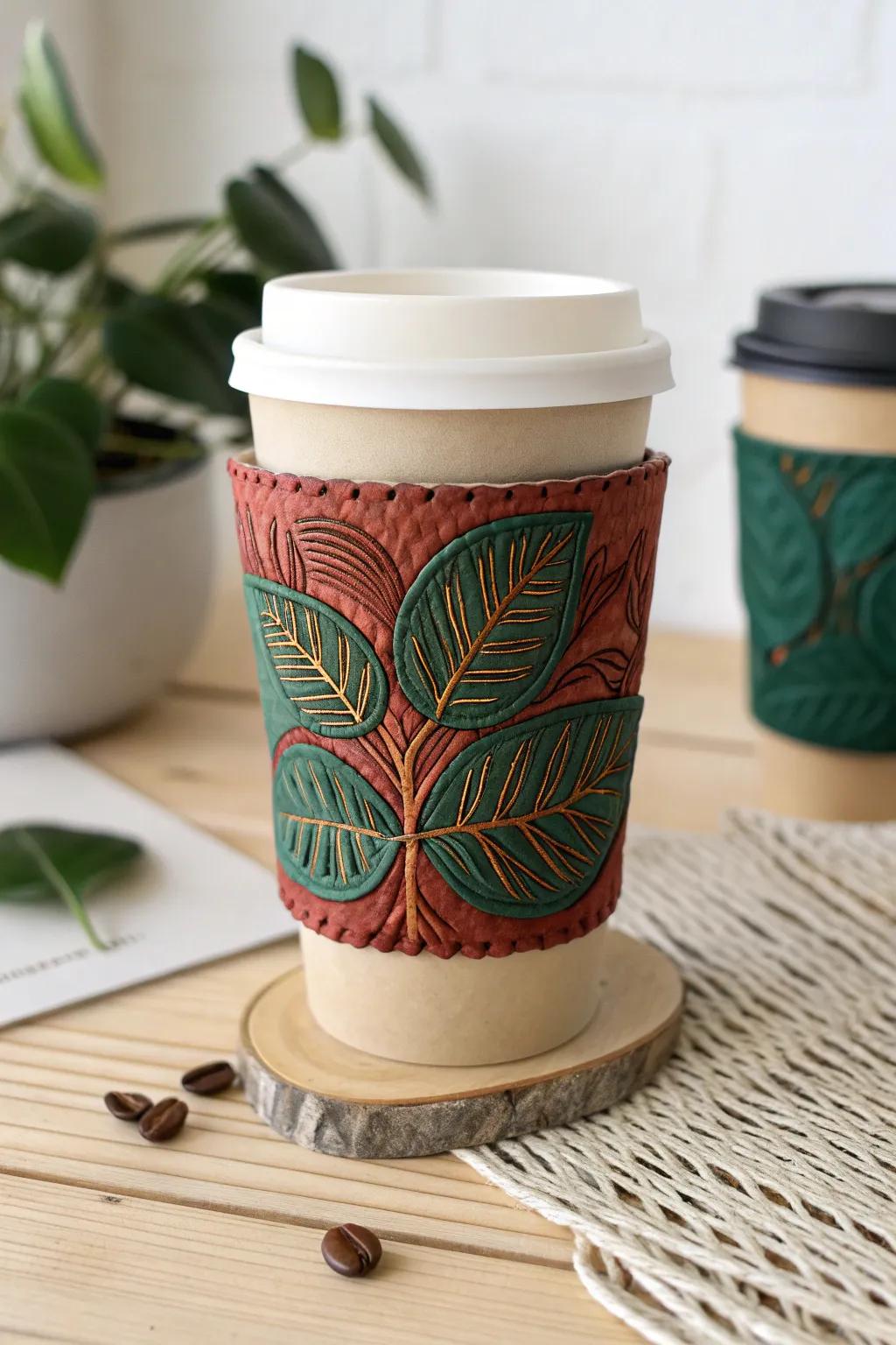 Embrace nature's charm with this stunning leaf-patterned coffee sleeve, bringing a refreshing and stylish touch to your morning ritual.