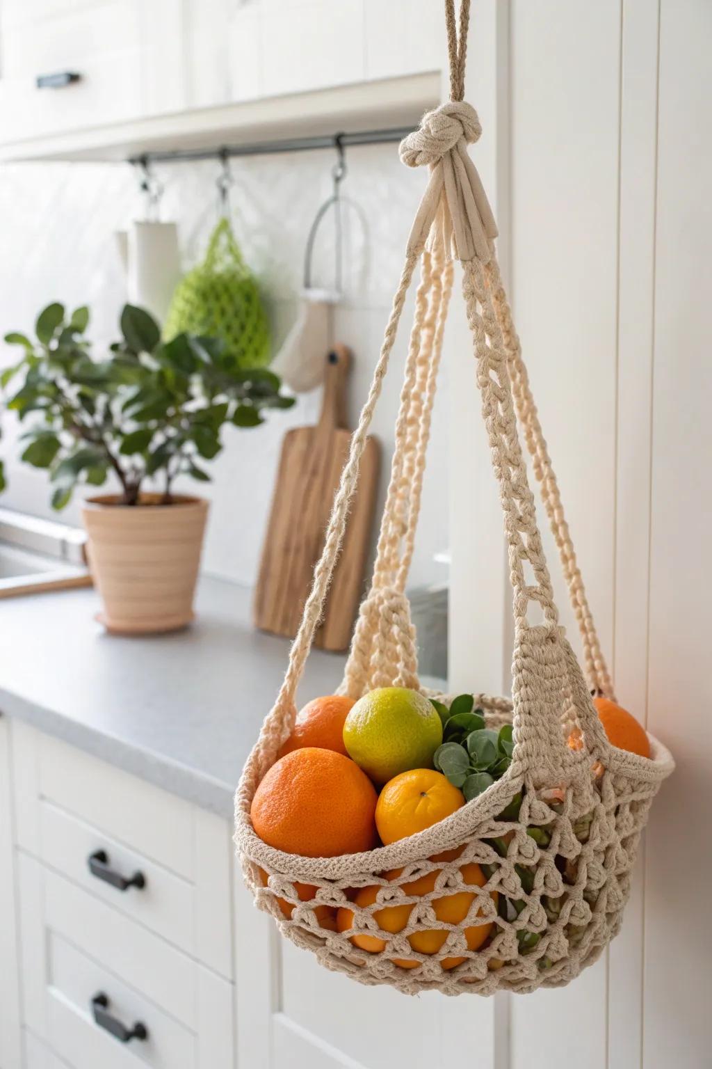 Elevate your kitchen decor with a charming knit hanging fruit basket.