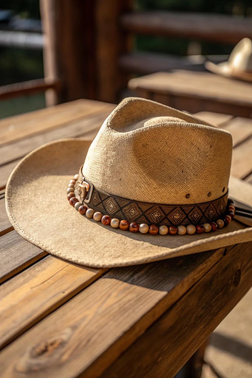 Elevate your style with a handcrafted wooden bead hat band, perfect for the modern cowboy.