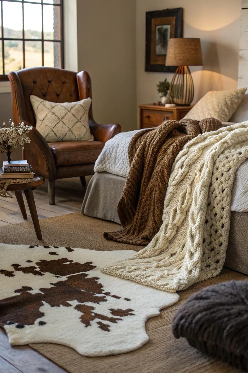 Texture-rich bedroom featuring a cowhide rug and chunky knit elements.