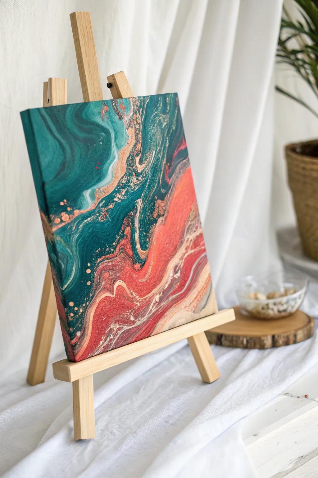 Add a splash of color with this mesmerizing acrylic pour canvas, perfect for a modern minimalist home.