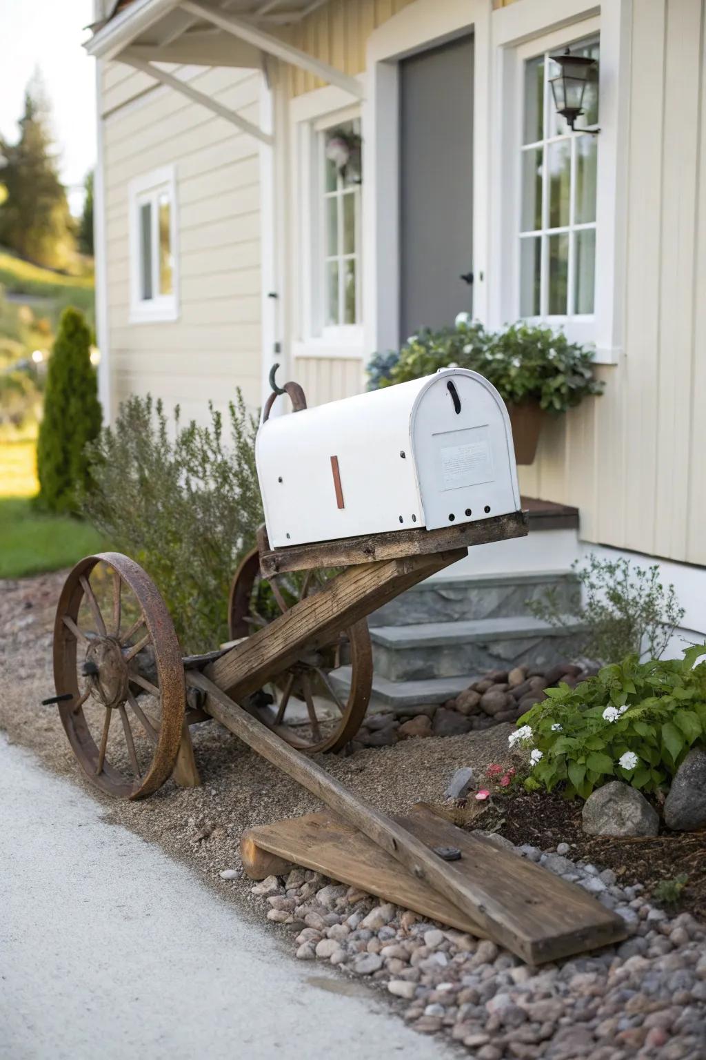 Transform your entryway with this unique mailbox idea: a vintage plow meets minimalist design for a charming country twist.