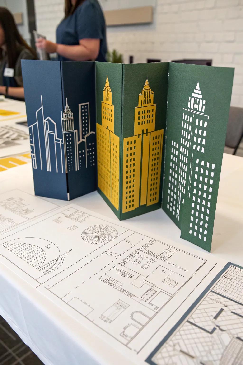 Discover the art of city planning with this stunning architectural tri-fold board, where simplicity meets bold creativity.