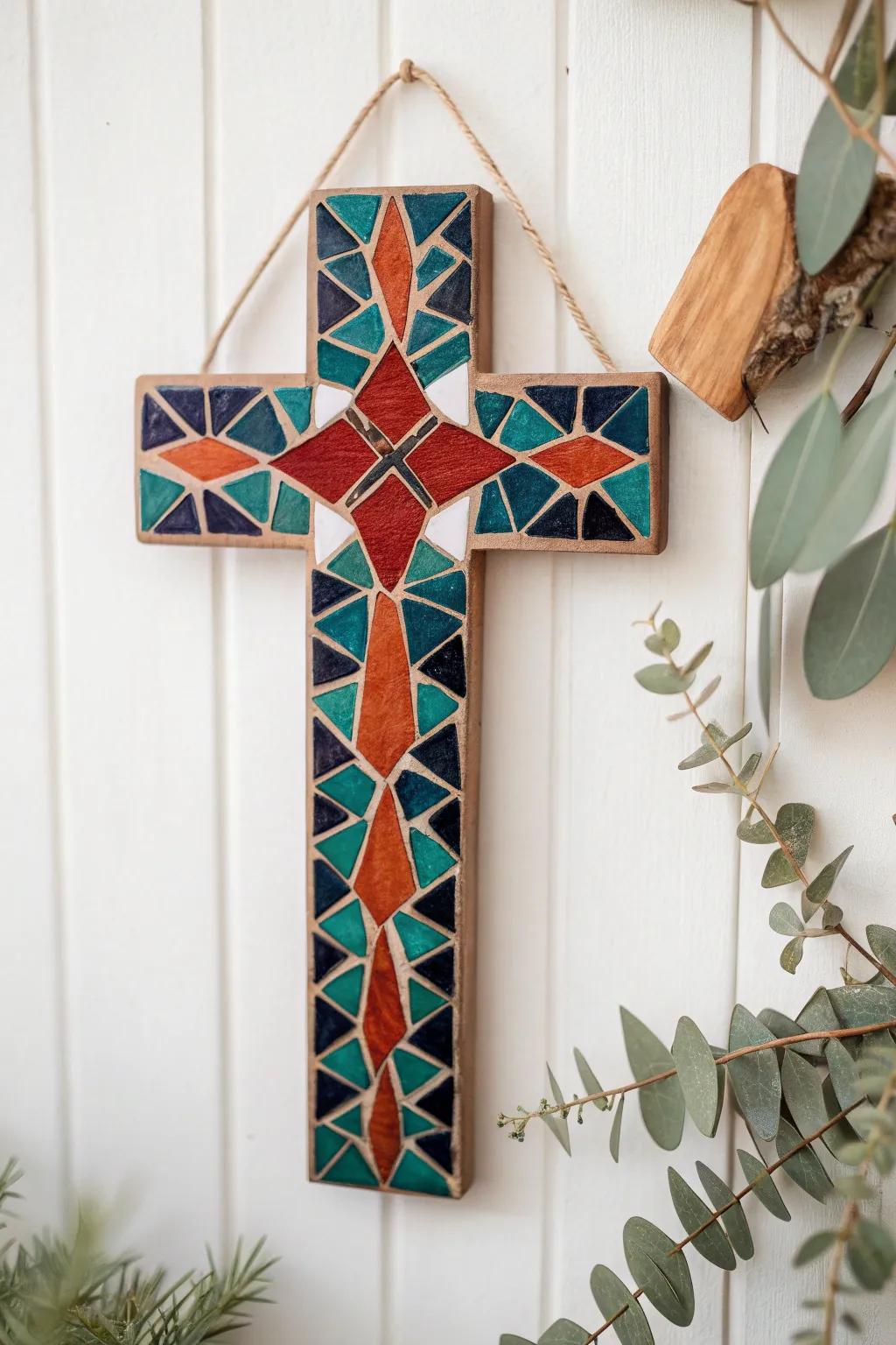 Elevate your decor with this stunning mosaic tile cross, where vibrant colors and exquisite craftsmanship meet simplicity and natural beauty.