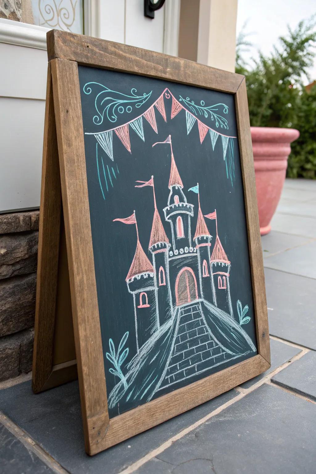 Step into a world of imagination with this enchanting fantasy castle chalk drawing, where simplicity meets the magic of childhood dreams.