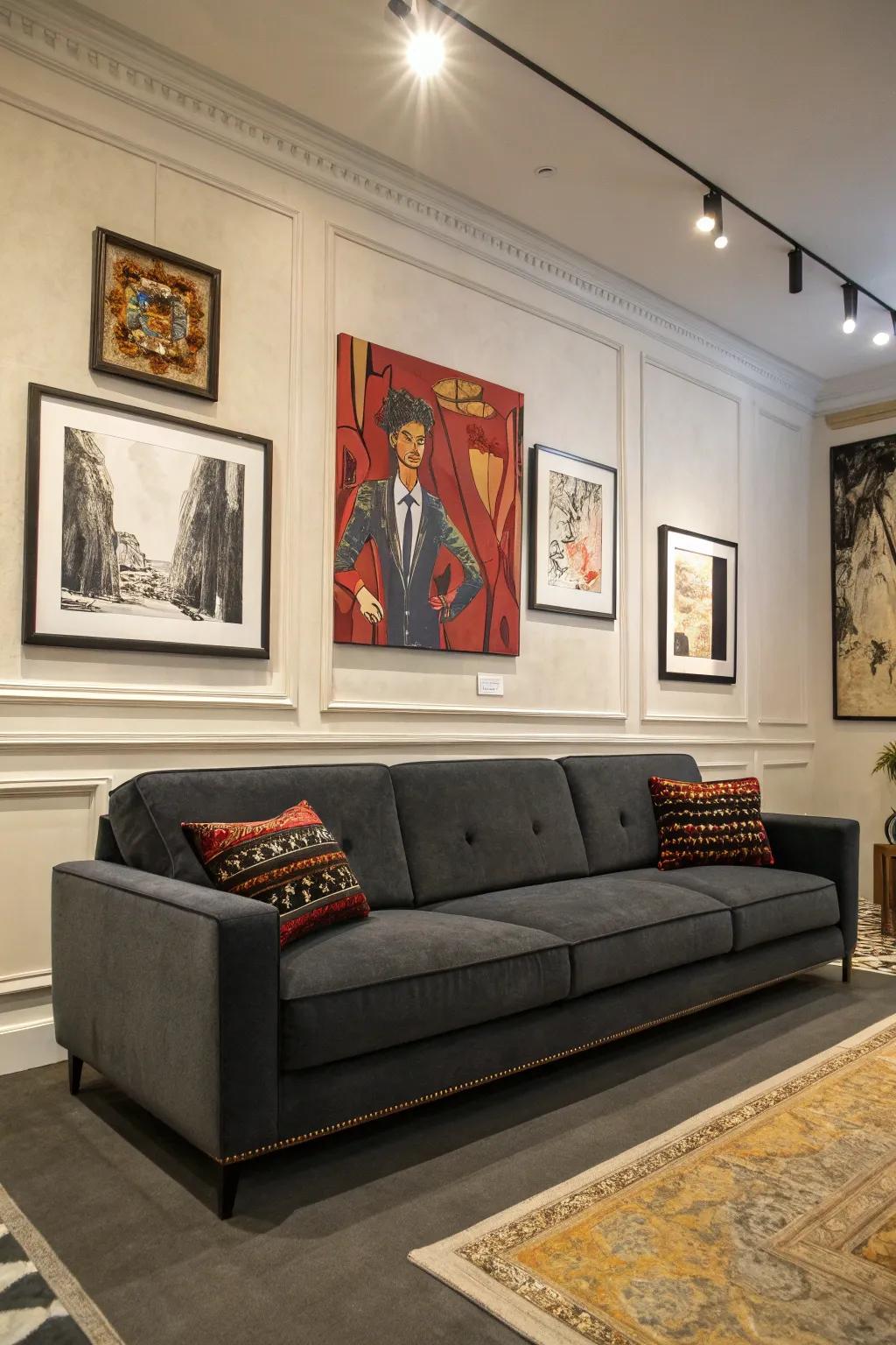 Bold art pieces provide a stunning contrast to the dark grey couch.