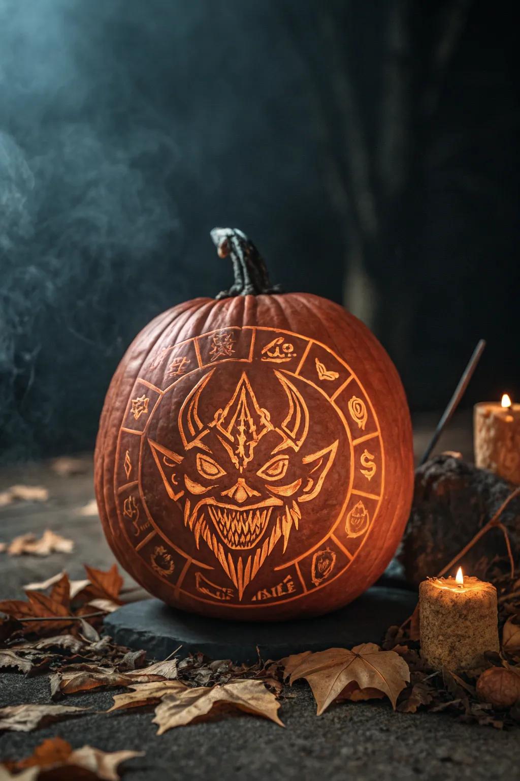 Unleash the dark allure of folklore with this mystical rune-carved demon pumpkin, a masterpiece of craftsmanship.