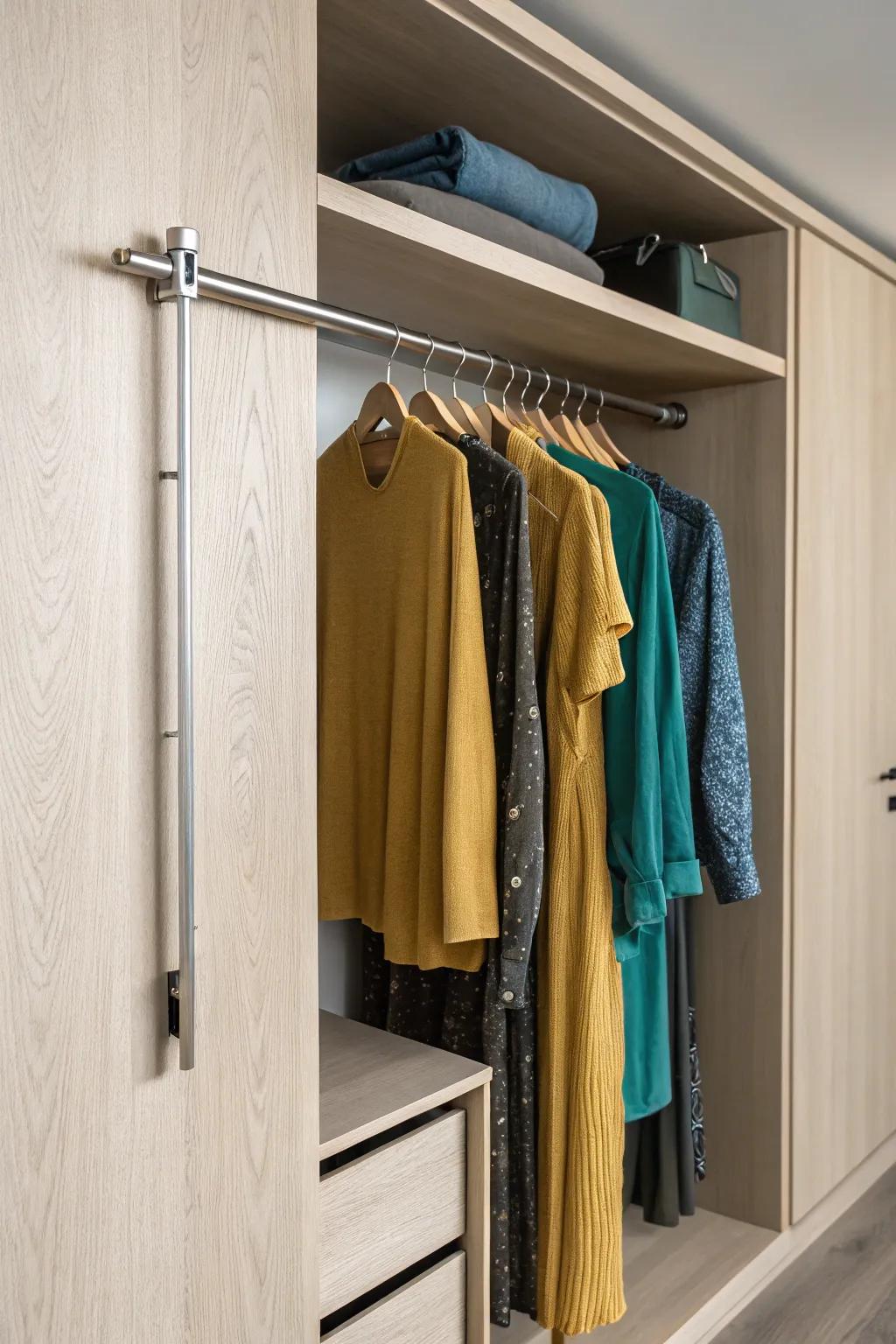 Embrace elegance and functionality with a hidden valet rod for your minimalist wardrobe.