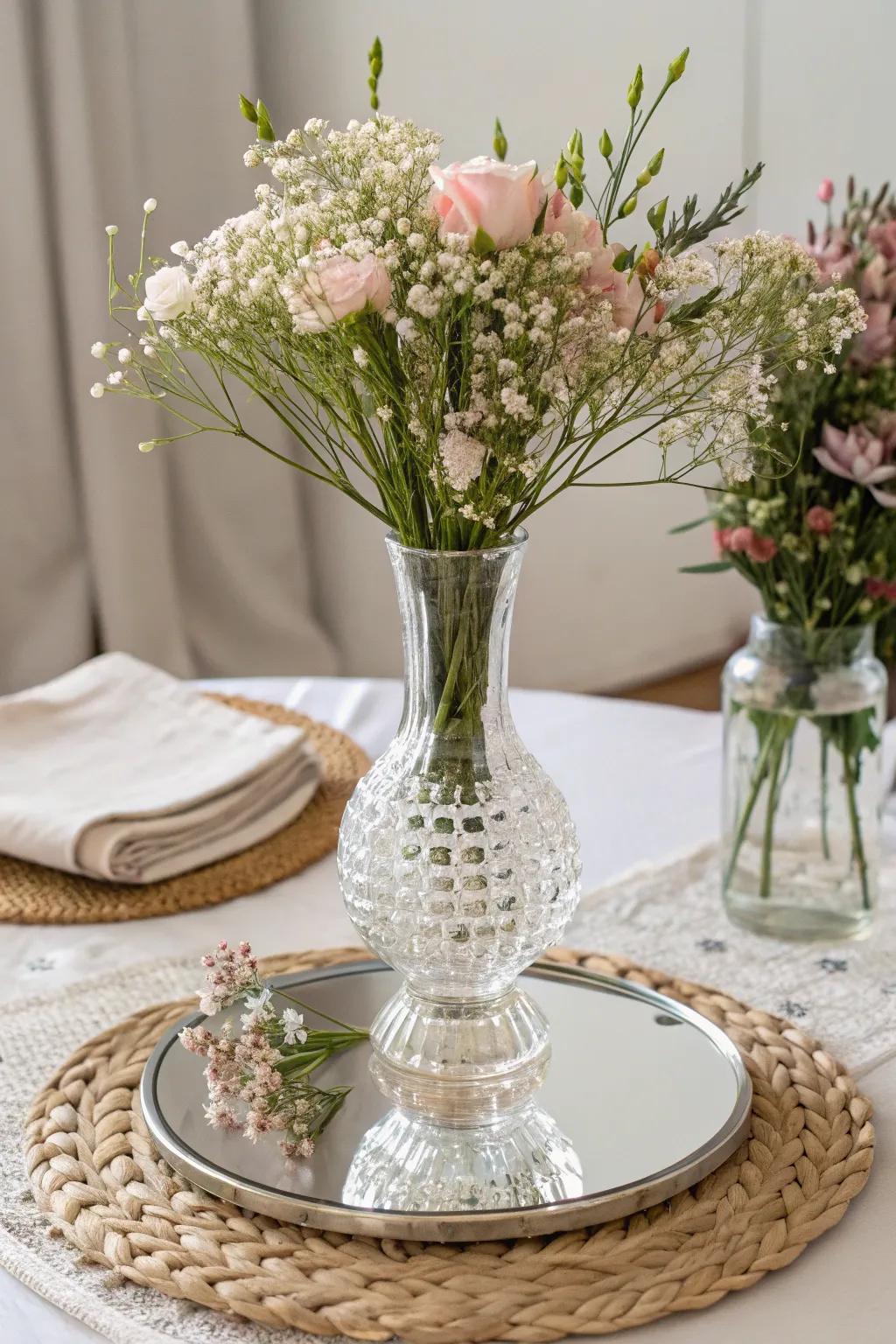 Reflect elegance with a glamorous mirror and crystal centerpiece, perfect for a standout 50th birthday celebration.