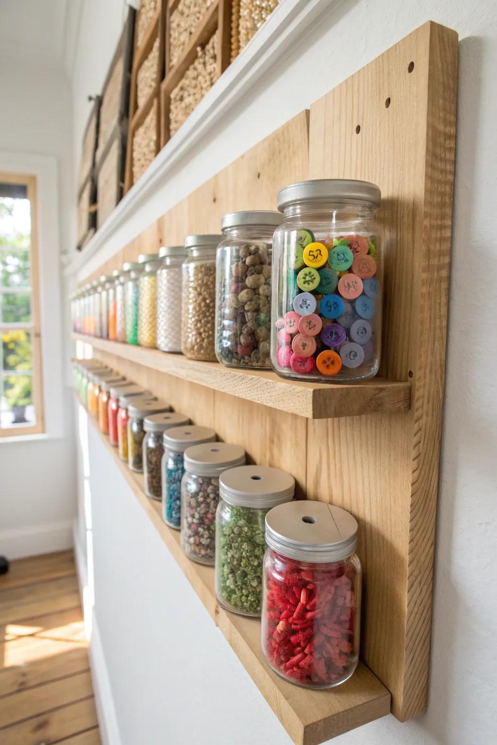 Transform your art studio with a charming and functional jar wall—perfect for keeping creativity organized and accessible!