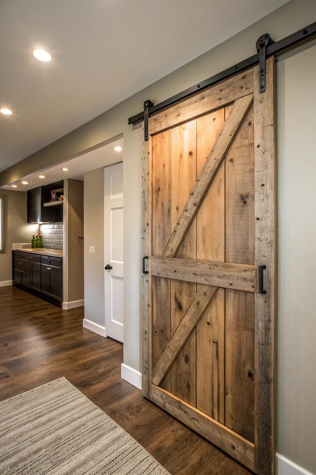 Discover hidden elegance: a rustic sliding barn door with a secret storage twist.