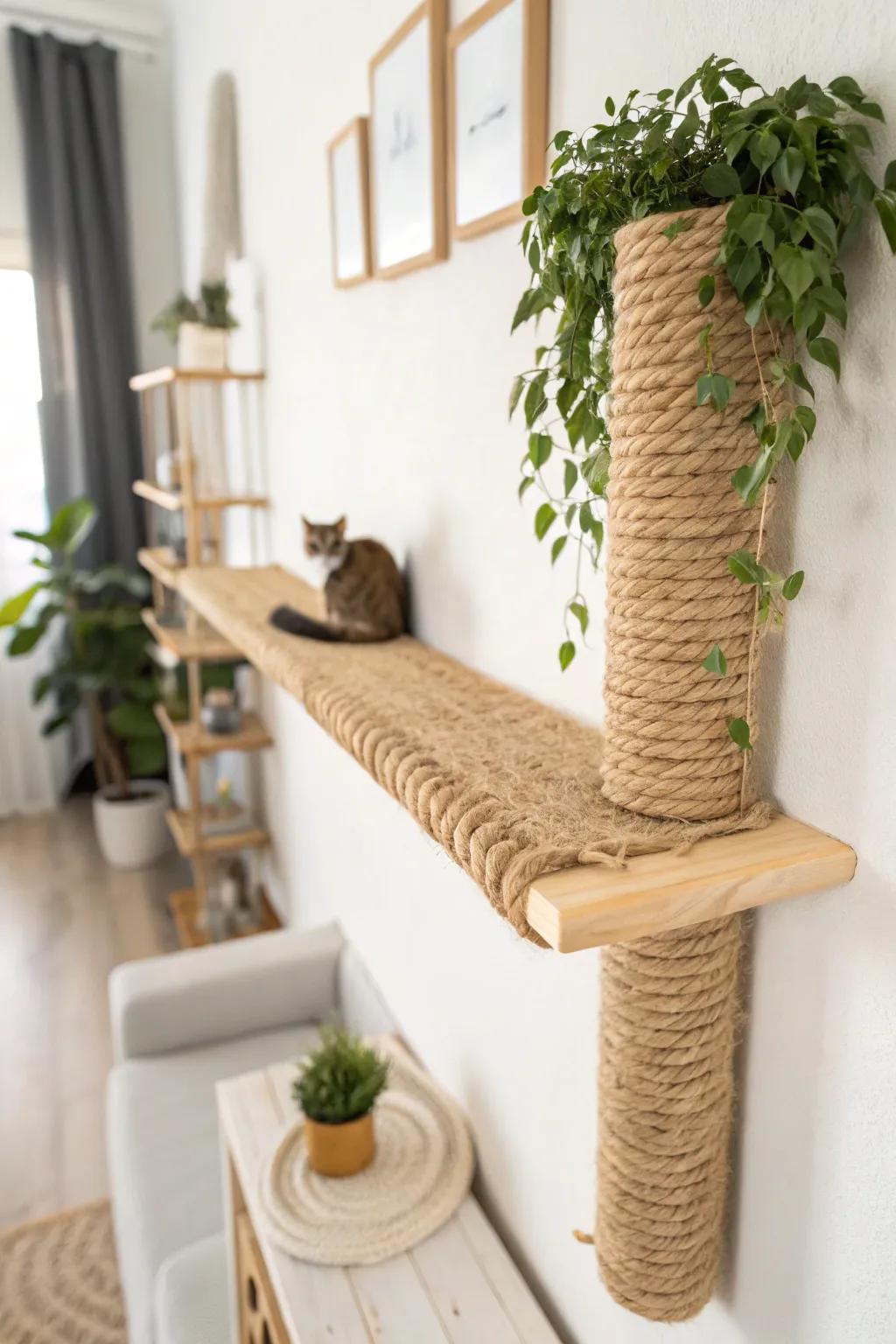 Elevate your feline's space with the perfect blend of style and function: a minimalist cat shelf wrapped in natural sisal rope. #ScandiBoho #CatLovers