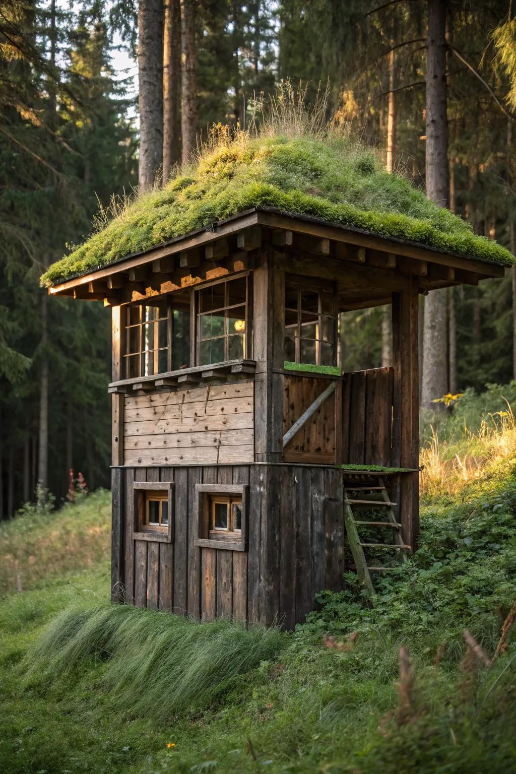 Blend in with nature: A DIY deer blind with a moss-covered green roof for the ultimate natural camouflage.