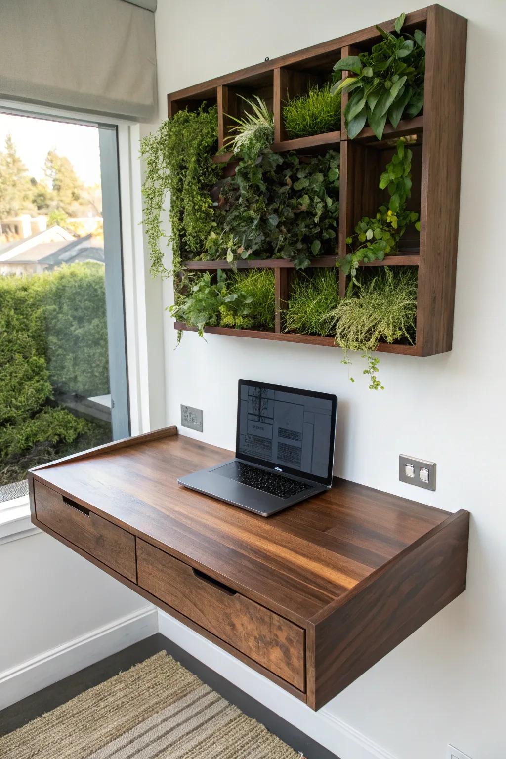 Elevate your workspace with a floating desk and vertical garden combo—where craftsmanship meets nature.