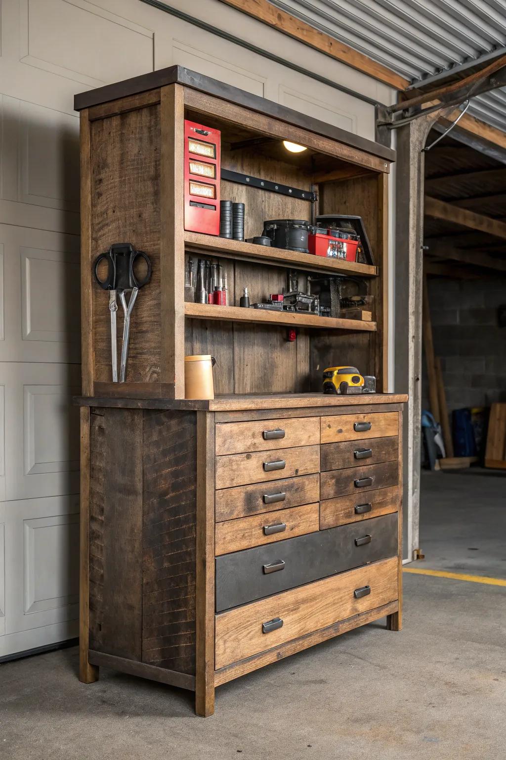 Turn vintage charm into practical elegance with upcycled garage storage.