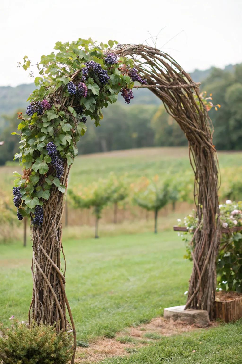 Embrace nature's elegance with a grapevine arch—where beauty meets bounty.