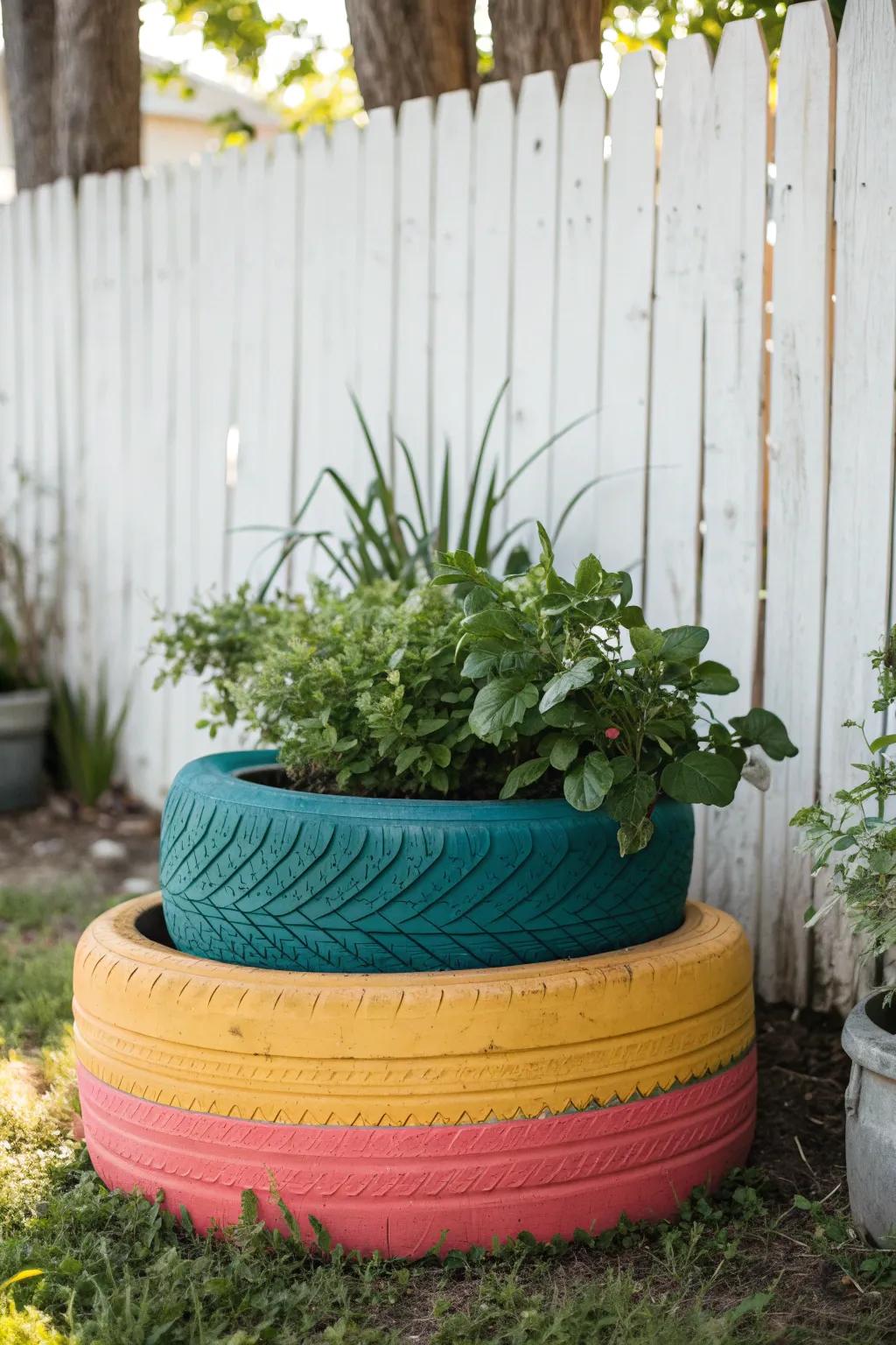 Add a playful pop of color to your garden with this chic DIY tire planter.