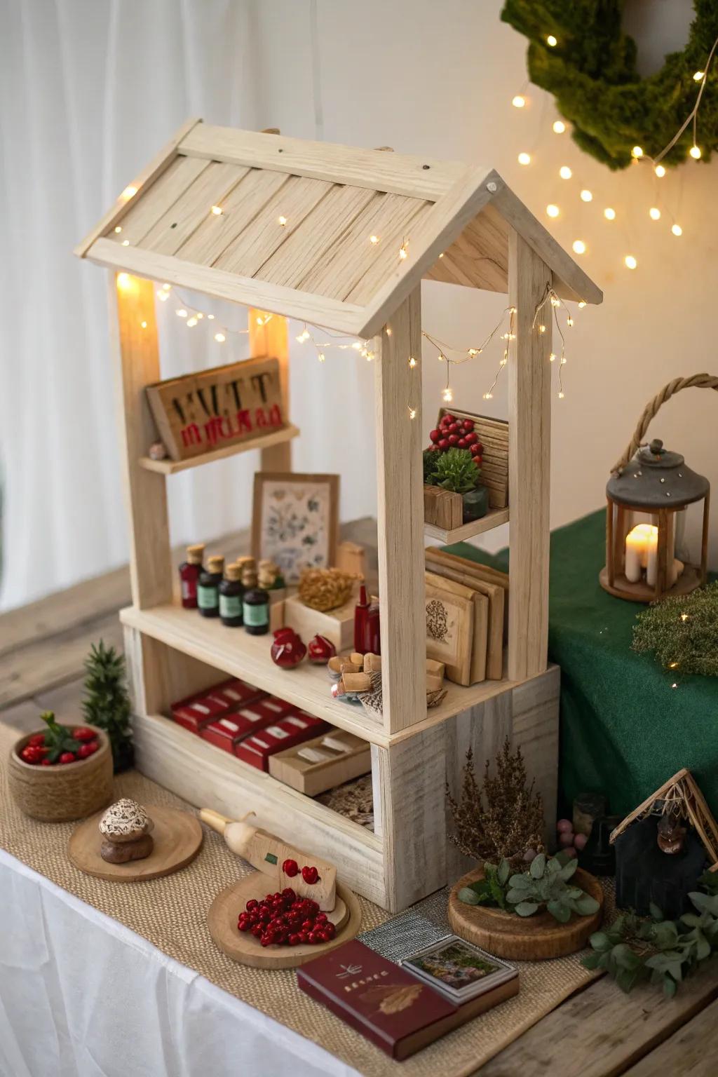 Enchant your space with a Mystical Market Stall, where tiny spell books and faux potions await in a beautifully crafted Halloween village display.