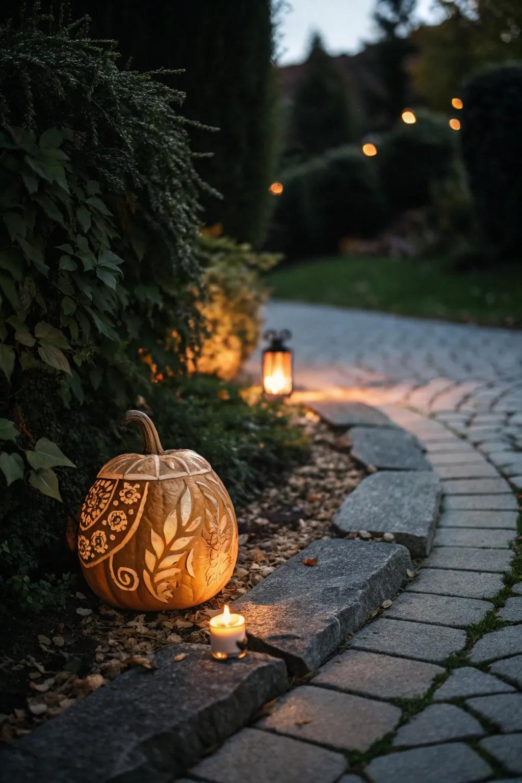 Illuminate your path with the enchanting glow of beautifully carved pumpkins.