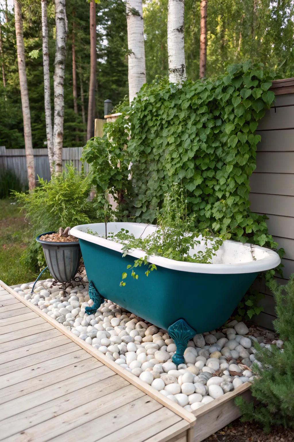 Transform vintage into vogue with this upcycled bathtub planter, where bold meets beautiful.
