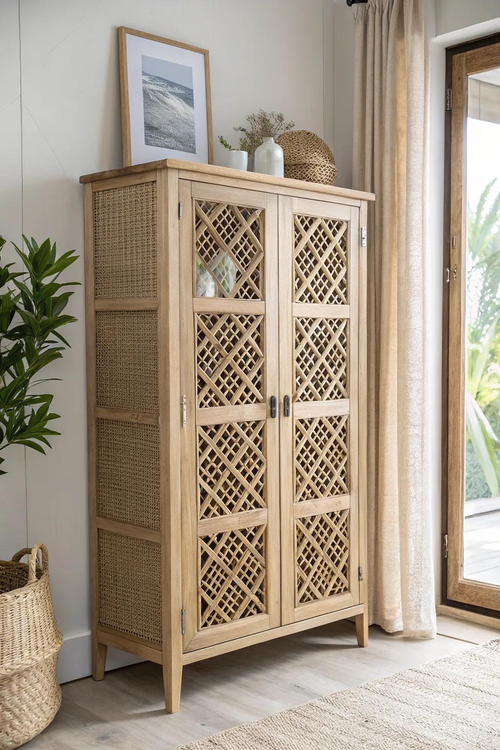 Transform clutter into chic with a lattice storage cabinet that merges style and functionality.