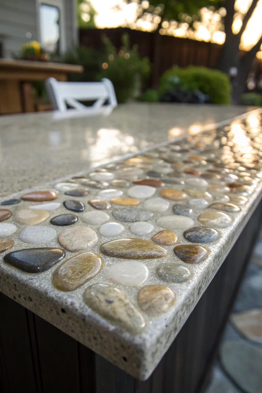 Elevate your outdoor space with the timeless beauty of a pebble and resin countertop. A masterpiece of nature and craftsmanship.