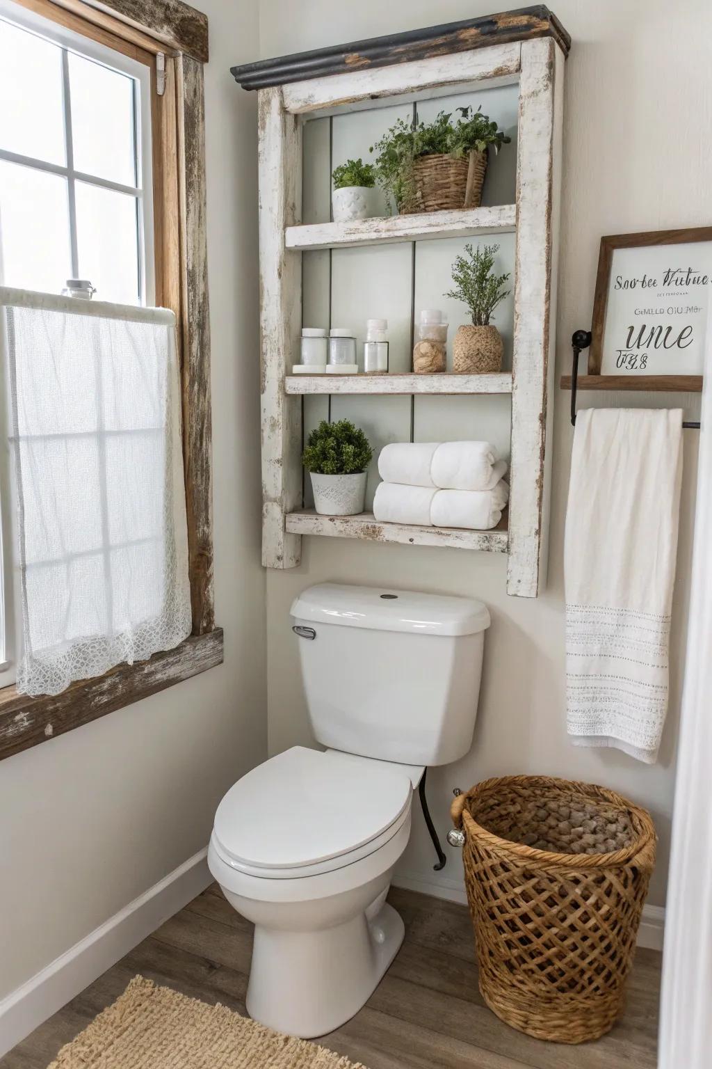 Transform vintage charm into modern utility with an upcycled window frame shelf—perfect for stylish bathroom storage!