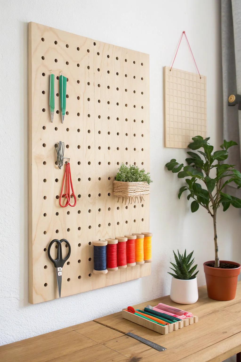 Transform your workspace with a stylish pegboard organizer that blends minimalist design with vibrant creativity.