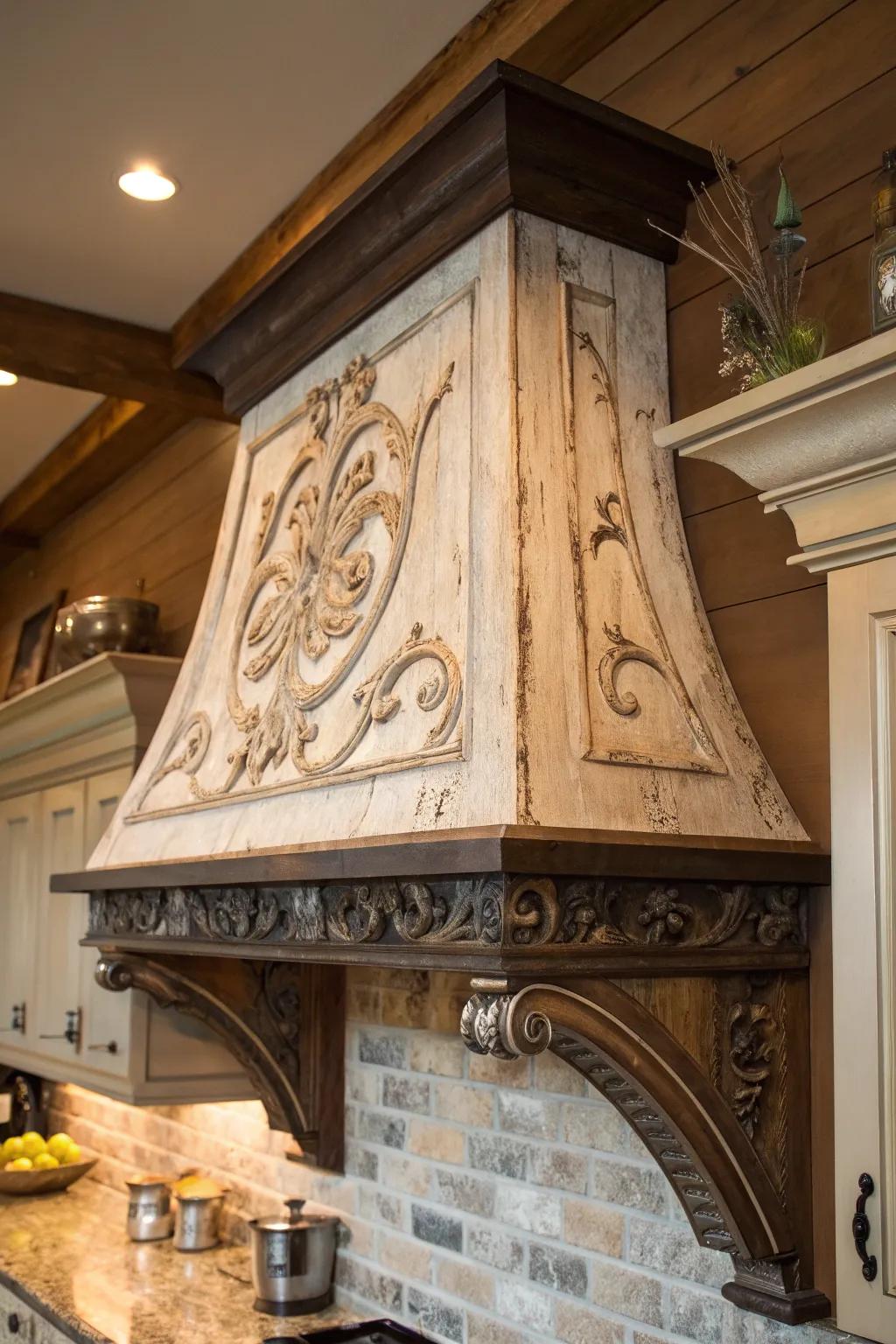 Elevate your kitchen aesthetic with vintage charm: decorative corbels bring timeless elegance to your range hood.