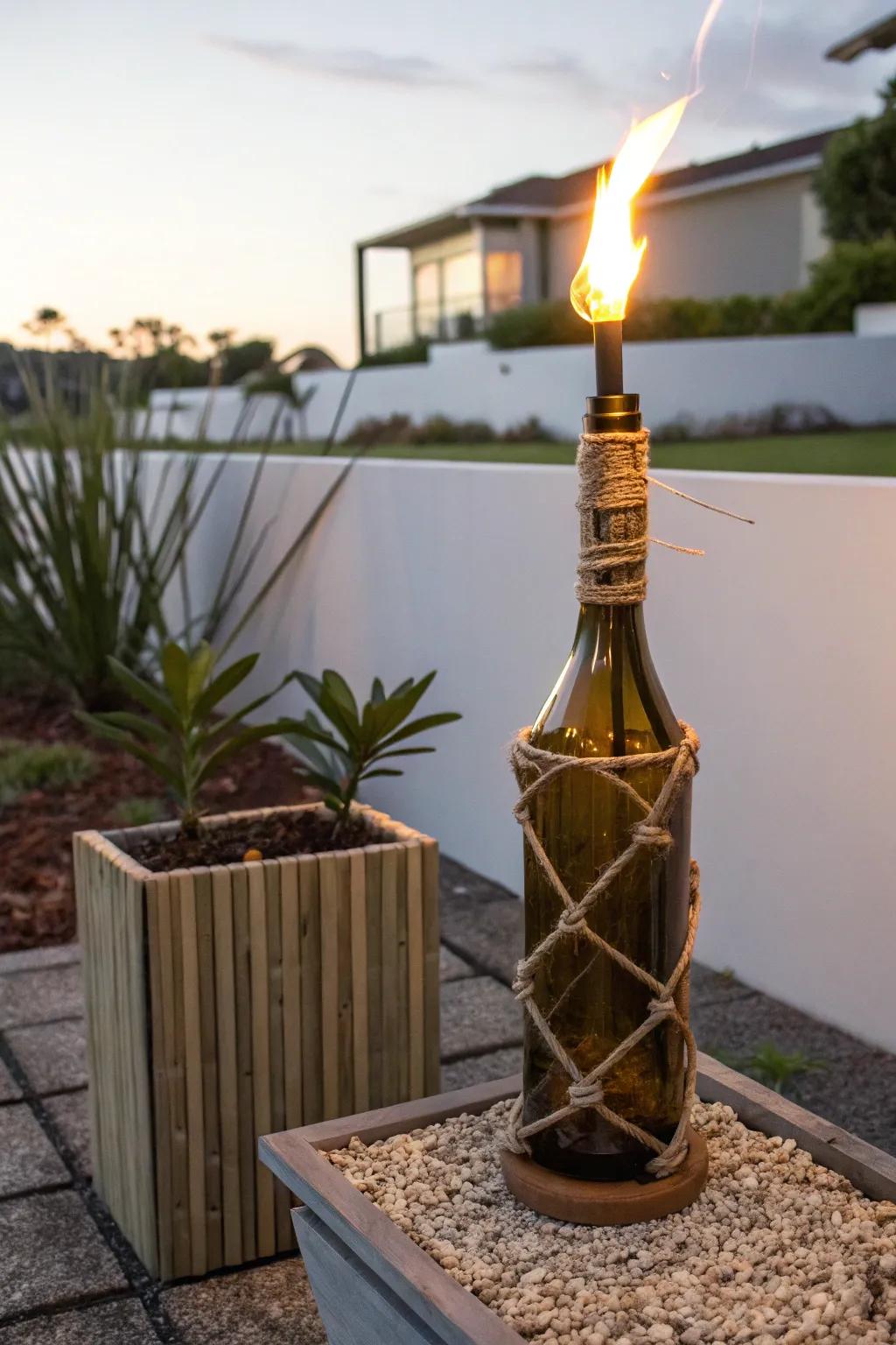 Illuminate your garden parties with eco-friendly elegance: DIY tiki torch bins crafted from recycled wine bottles.