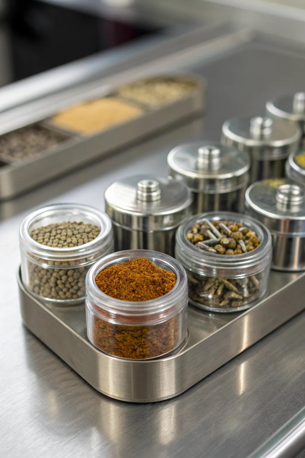 Elevate your DIY game with stylish magnetic spice containers for screw storage.