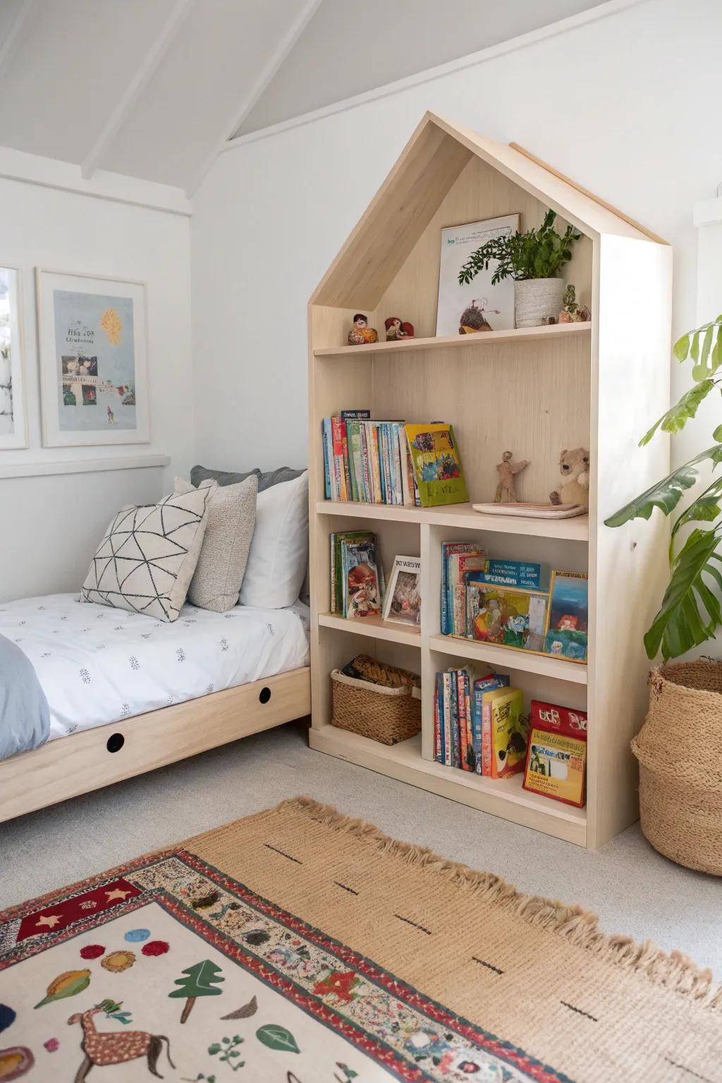 Transform your kid's space with a stylish built-in bookshelf that combines Scandinavian simplicity with vibrant touches!