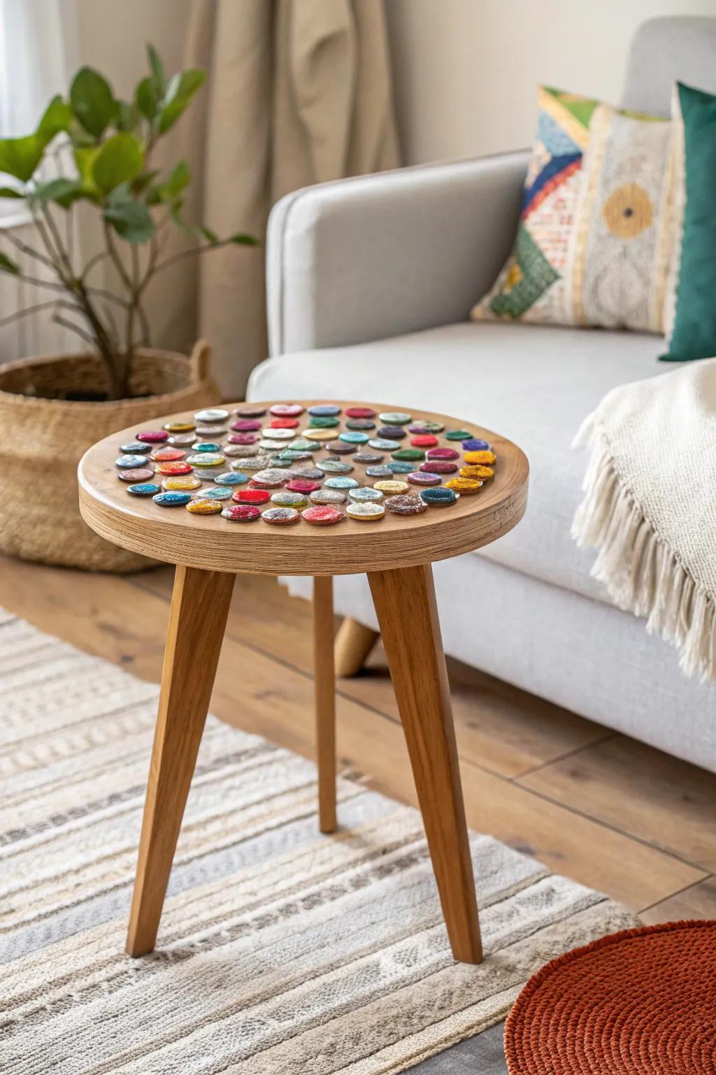 Transform your space with a chic bottle cap tabletop—where creativity meets Scandinavian simplicity!