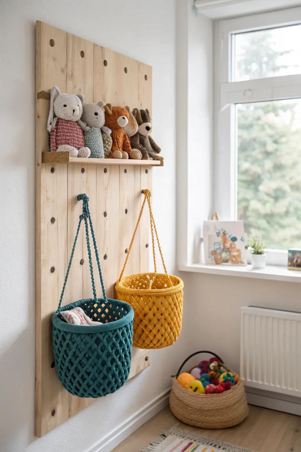 Transform your child's room with playful sophistication: stylish hanging bins for plush toys that blend Scandinavian minimalism with boho flair.
