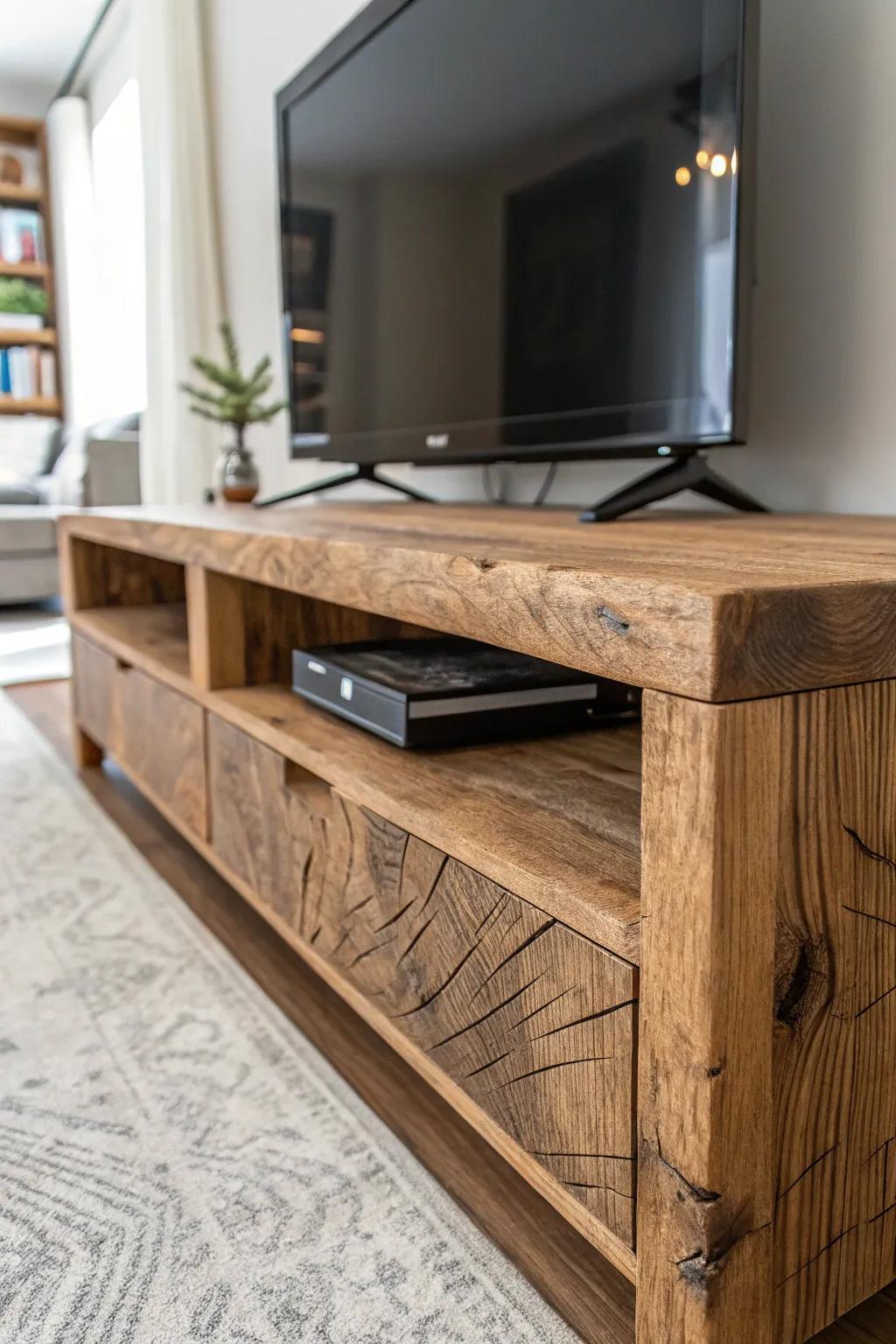 Embrace the allure of nature with a handcrafted unfinished wood TV stand.