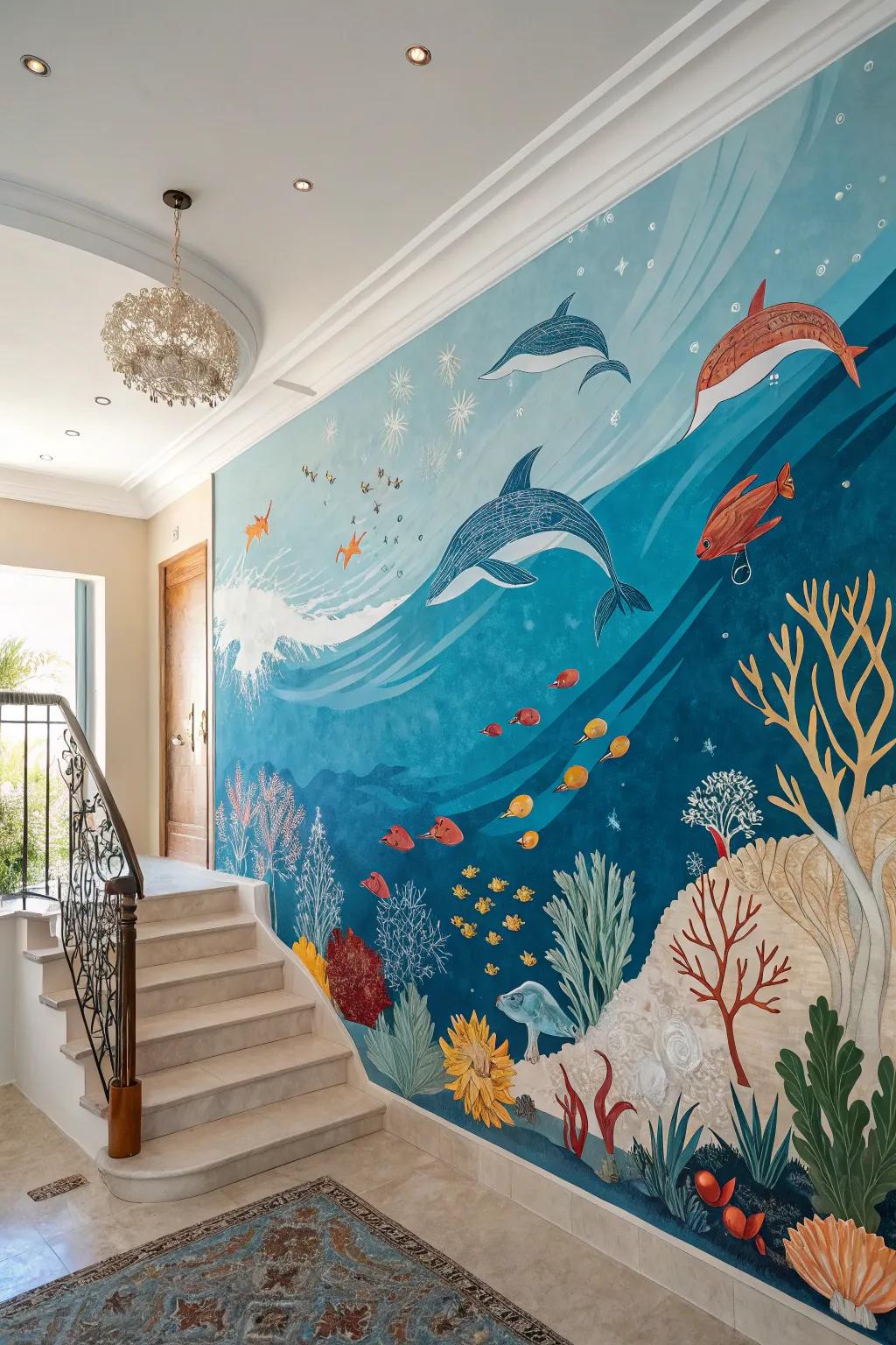 Dive into serenity with this breathtaking underwater mural, a perfect blend of minimalist elegance and bold ocean hues.