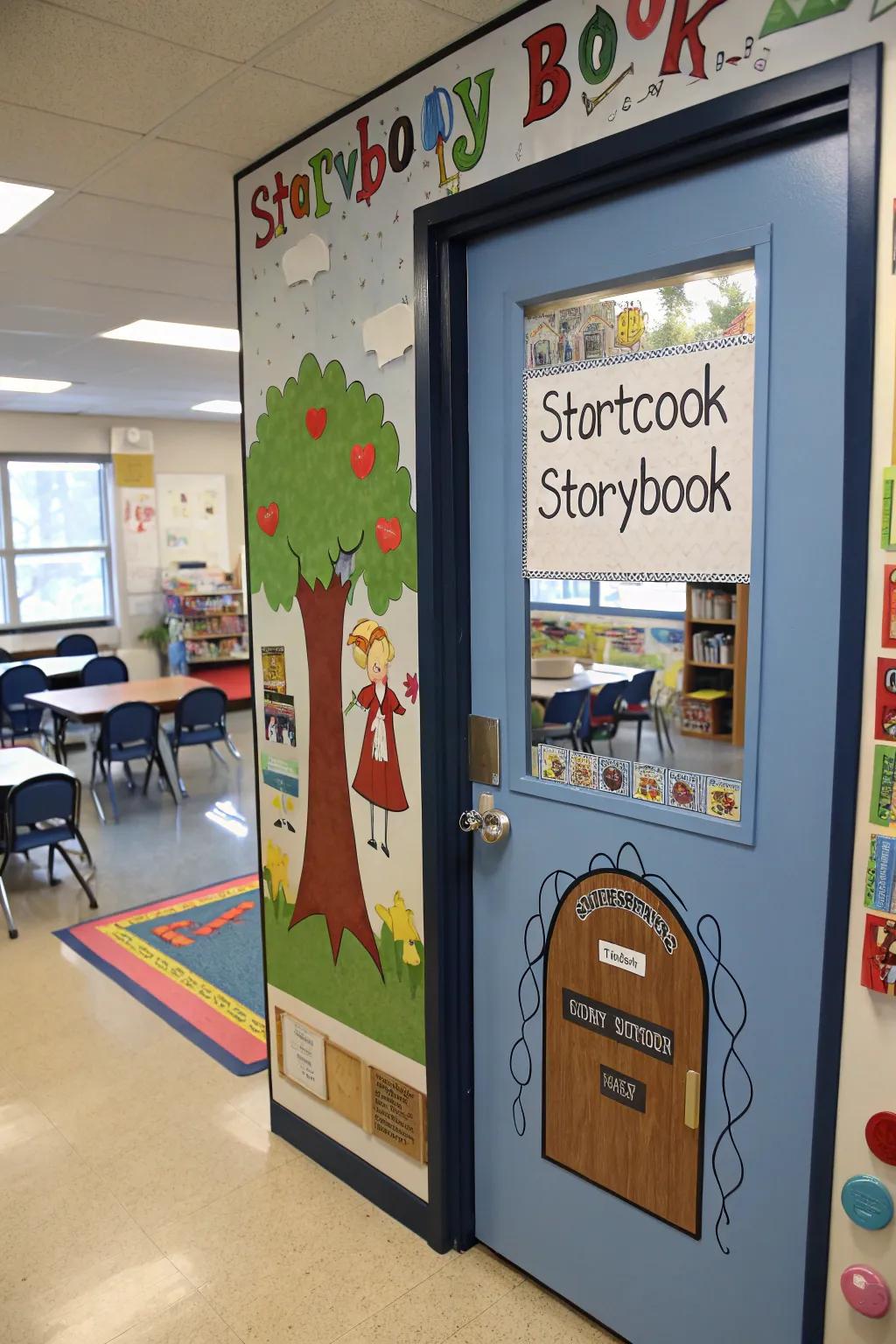 A classroom door designed as an interactive storybook, engaging students in storytelling.