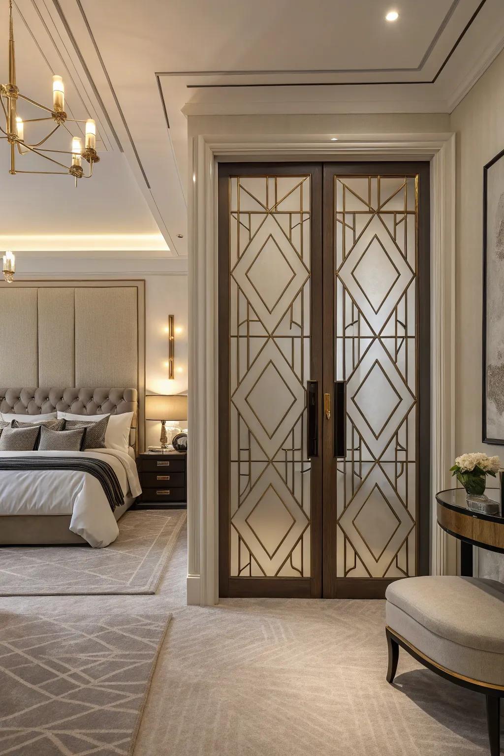 Geometric patterns add a contemporary edge to closet doors.