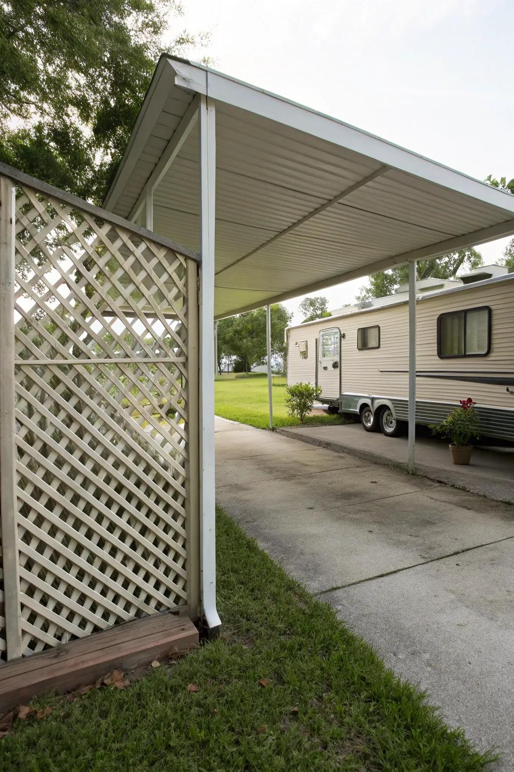 A carport featuring a lattice screen for privacy and style.