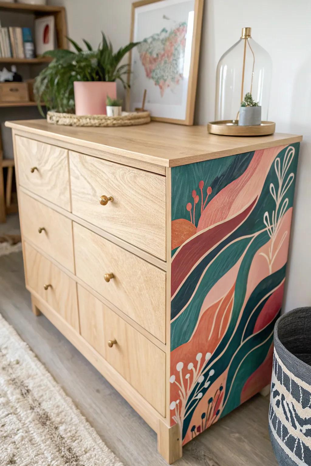 Transform your dresser into a masterpiece with bold paint pouring techniques! 🎨✨ #ScandinavianStyle #BohoChic #FurnitureDIY