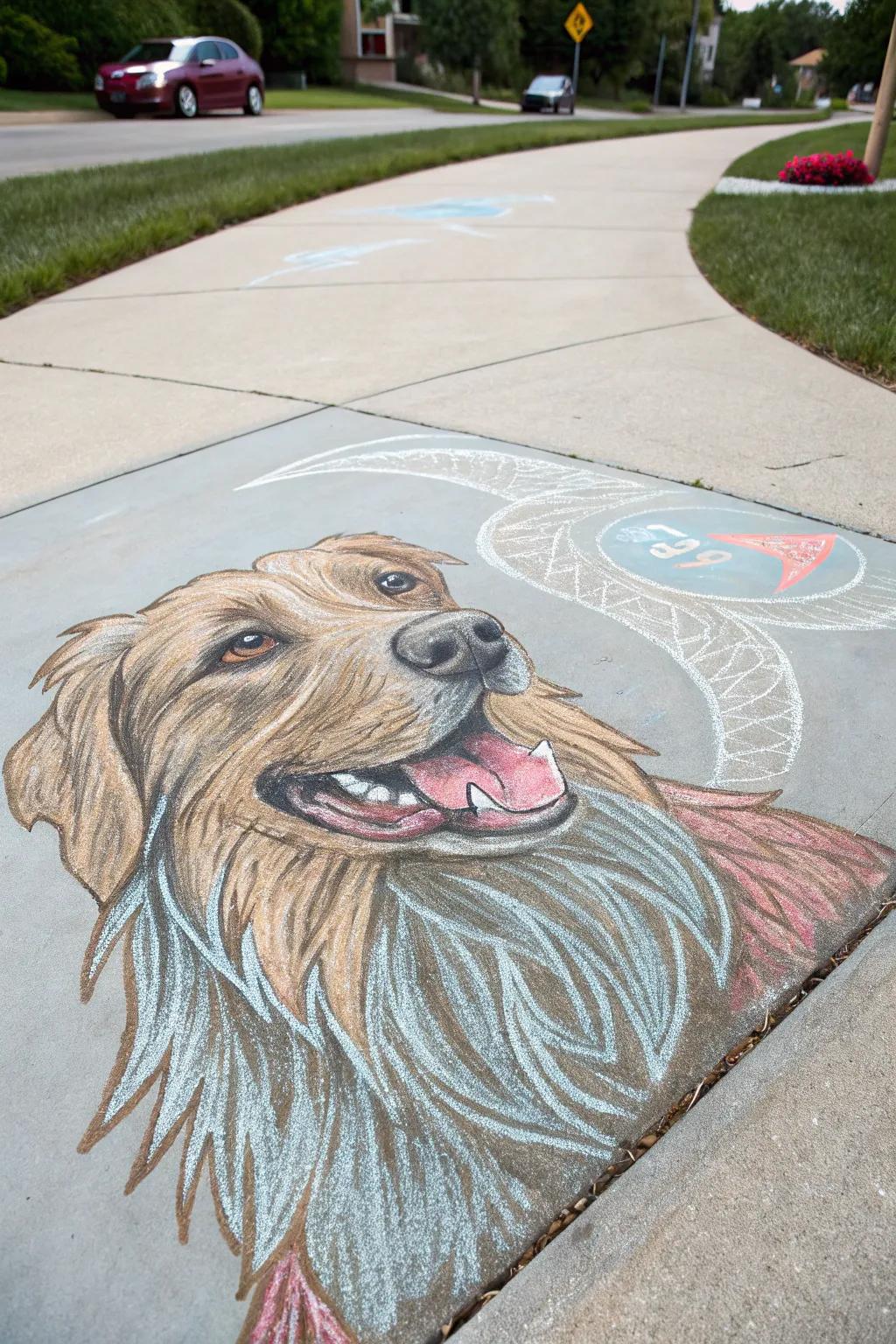 Celebrate your furry friend's spirit with vibrant chalk portraits that capture joy and creativity.