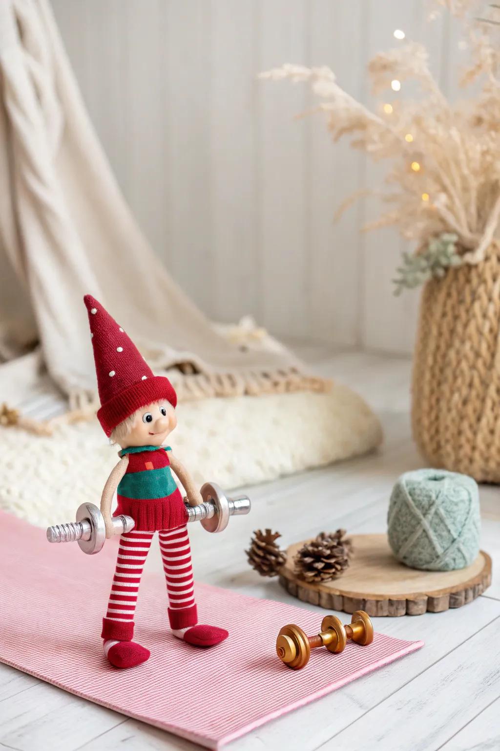 Get your elf moving with a morning workout! A delightful reminder to stay active and enjoy the festive season with a touch of whimsy and style.
