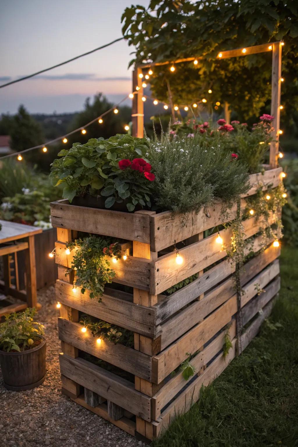 Illuminate your garden oasis with the enchanting glow of a fairy-lit pallet bed.