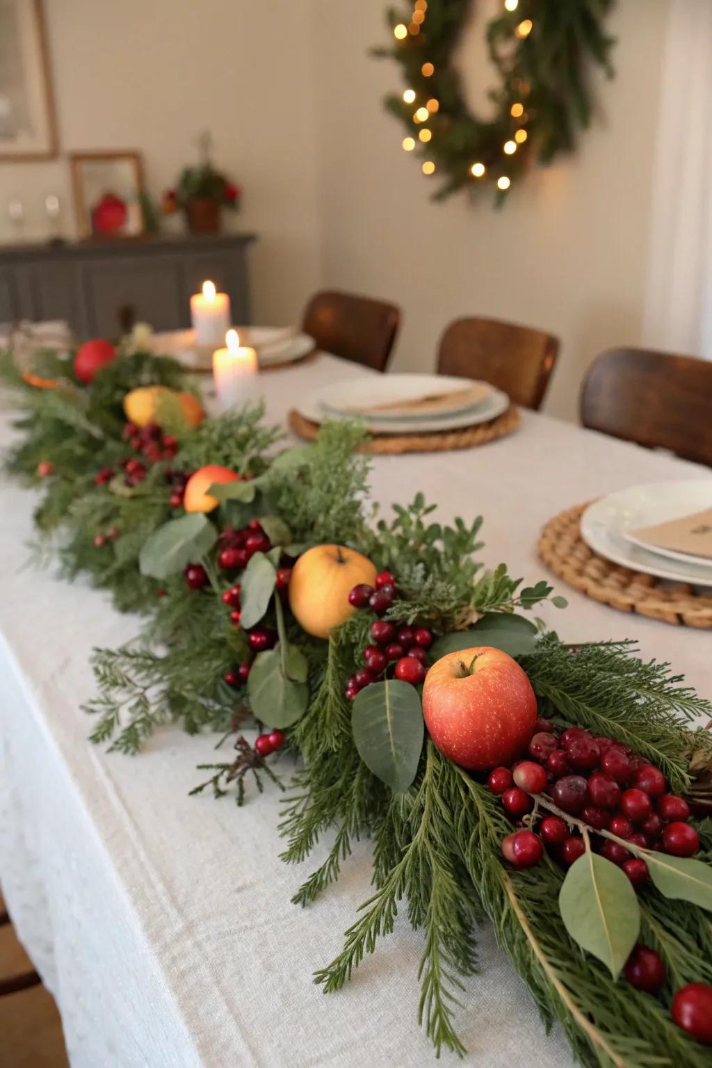 A fruit and greenery garland creates a lush, vibrant centerpiece.