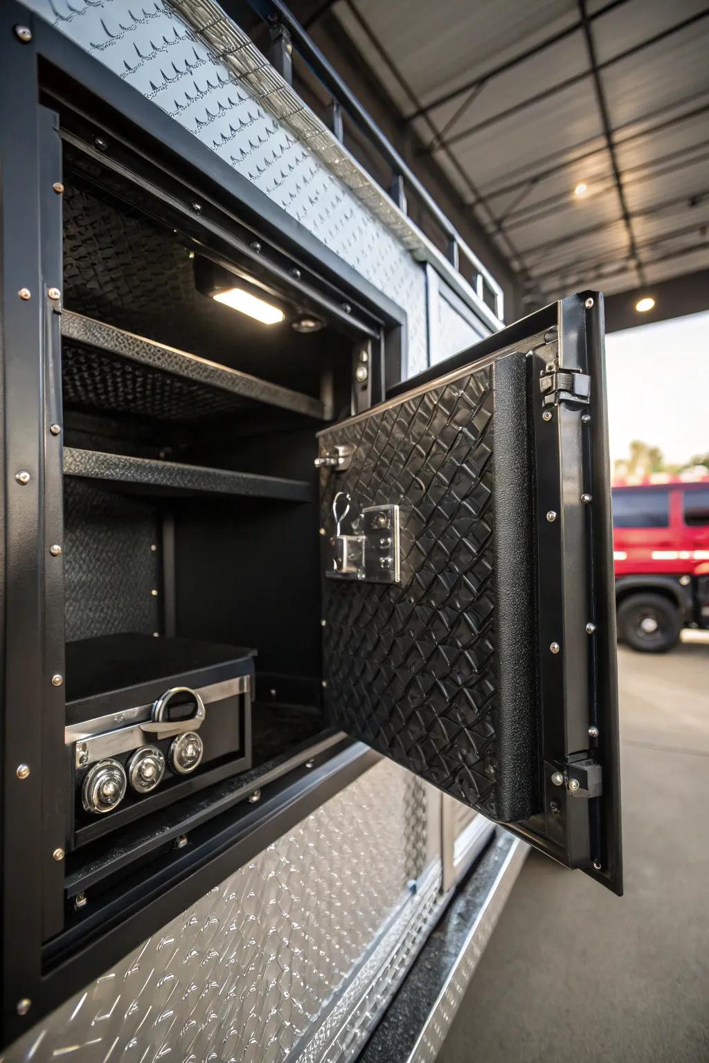 Master the art of secure storage with this elegantly crafted lockable tool compartment.