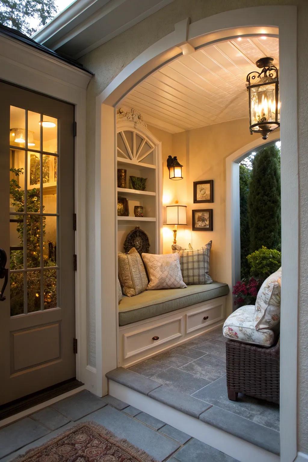 A seating nook adds comfort and charm to your entry.