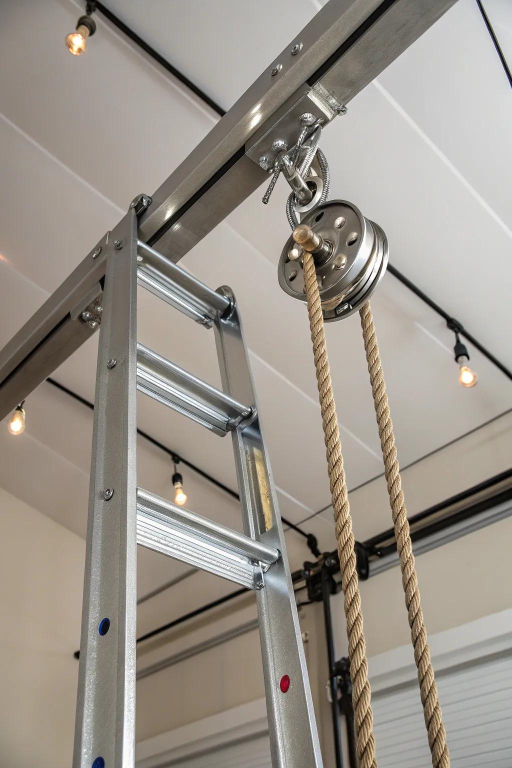 Elevate your storage game with this expertly crafted ceiling pulley system.